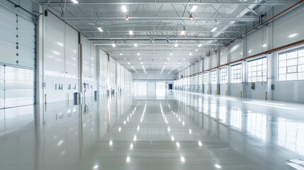 Fototapeta premium A bright, empty warehouse with polished floors and clear, natural light flooding in. The clean and organized environment showcases its smart design.