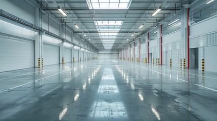 Obraz premium A modern, clean warehouse with bright, clear lighting and polished, empty floors. The organized and spacious environment is optimized for smart storage.