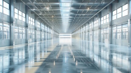 Obraz premium An empty warehouse with pristine, shiny floors and clear, bright light streaming in. The clean and spacious area is designed for smart operations.