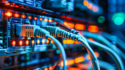 A close-up view of network cables connecting to a server rack, illuminating the intricate pathways of data flow