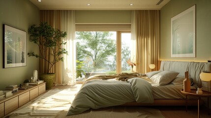 A serene bedroom adorned with Granny Apple accents, featuring a minimalist design and ample copy space. The soothing color scheme creates a tranquil atmosphere, perfect for relaxation and