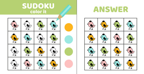 Coloring sudoku. Bird. Sudoku with four little birds. Cartoon.