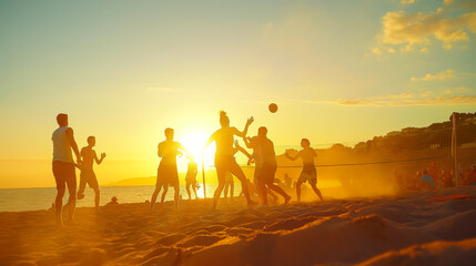 Friends having fun at a beach volleyball match during sunset with vibrant colors and dynamic action.
