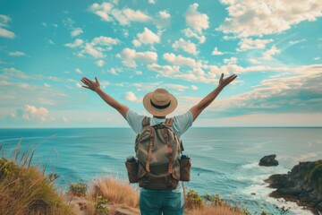 Ecstatic traveler enjoying a blissful getaway by the ocean, conveying the thrill of exploration