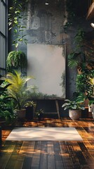 Serene yoga studio with a blank canvas on a bamboo floor