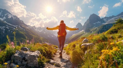 Naklejka premium A joyful traveler skips along a mountain trail, their laughter echoing through the crisp mountain air as they embrace the freedom of the outdoors, with the scenic beauty of the mountains providing a