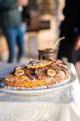 handmade chocolate banana coconut cake vertical view