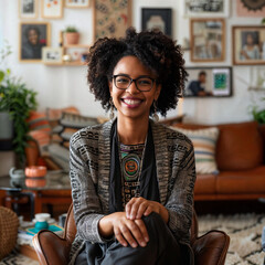 A black girl in a boho style room.