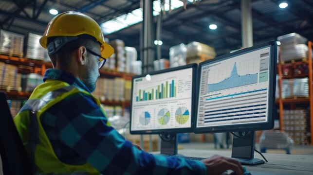 A smart warehouse manager analyzes data on a computer dashboard, monitoring key performance indicators and optimizing logistics operations for maximum efficiency.