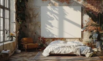 Rustic bedroom with a blank canvas on the wall