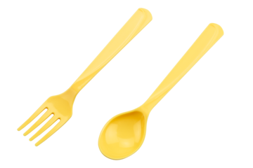 Yellow plastic spoon with fork isolated on white background with clipping path.
