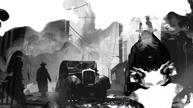 Mafia meeting on the street 4K Ink Splash Animation, Dramatic Noir concept art