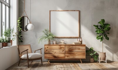 Modern bedroom with an empty frame on the dresser