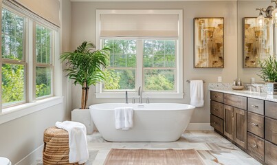 Bright bathroom with a blank canvas above the sink