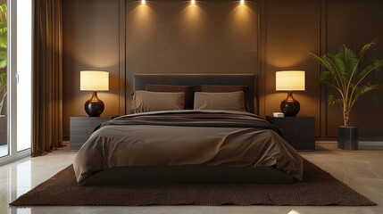 A contemporary bedroom in elegant brown tones, with minimalist decor and plenty of copy space for customization.