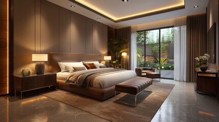 A minimalist bedroom featuring luxurious leather accents, with a clean and unclutte