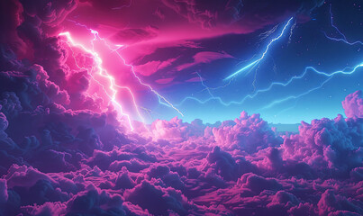 A colorful, stormy sky with lightning bolts and clouds