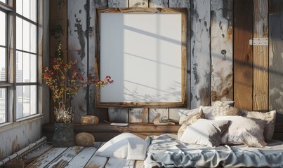 Rustic bedroom with a blank canvas on the wall