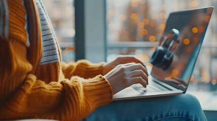 Online Therapy Midday Bright Light Patient Using Laptop and Headphones
