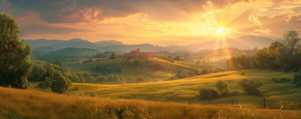 Obraz premium A serene countryside landscape at sunset. Realistic.