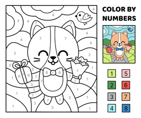 Color by number. Kitten boy with gift and bouquet. Coloring page. Game for kids. Cartoon, vector