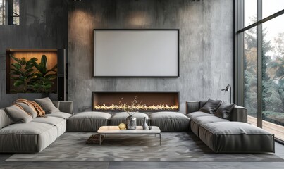 Modern living room with an empty frame above the fireplace