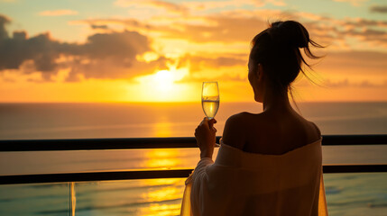 Solo female traveler admiring the sunrise from the balcony of her oceanfront luxury suite holding a glass of champagne.