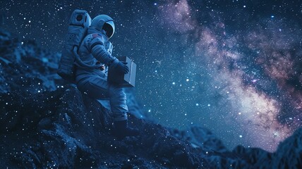 Fototapeta premium an astronaut floating in the vastness of space holding a cardboard box delivery, against the backdrop of a starry sky and distant planets