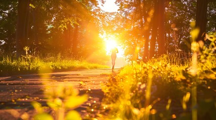 Fototapeta premium Person Jogging on Park Trail During Soft Lit Sunrise Scenic