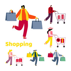 shopping character illustration with bag and chart