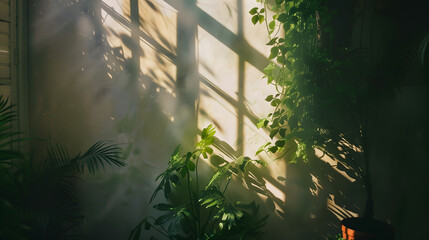 Obraz premium Boranical Plants Window Shadow on the Wall Sun Leaks Light JPG