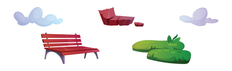 Landscape Object and Element with Bush, Bench, Stone and Cloud Vector Set