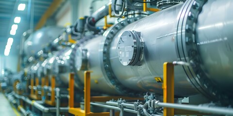 Obraz premium Utilization of Heat Exchanger Coils in Industry for Gas Liquefaction Using Liquid Nitrogen Tanks. Concept Industrial Heating Systems, Gas Liquefaction, Heat Exchanger Coils, Liquid Nitrogen Tanks