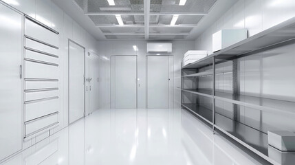An industrial freezer room with metal shelving and stainless steel doors