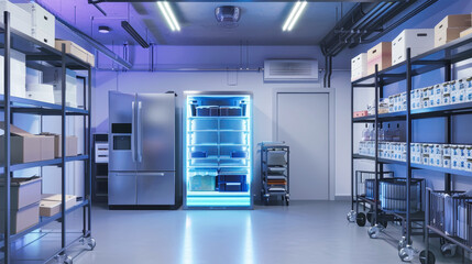 An industrial-sized refrigerator illuminates a large, modern food storage facility