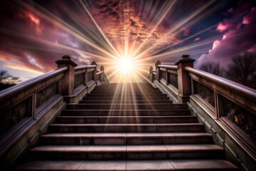 Sunset or sunrise with clouds,stairs to heaven,bright light from heaven,stairway leading up to skies clouds. Light from sky. Beautiful religious background.