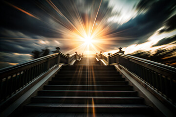 Beautiful religious background. Sunset or sunrise with clouds,stairs to heaven,bright light from heaven,stairway leading up to skies clouds. Light from sky. Religion concept. Blurred soft image.