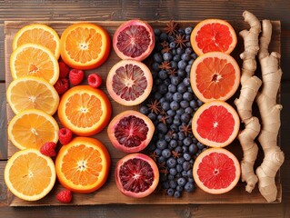 Assorted fruits and ginger display