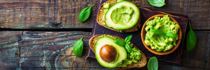 Homemade avocado toasts and smashed fresh ripe avocados in bowl on cutting board on wooden rustic brown background. Avocado smash sandwiches, healthy snack for diet, clean eating. Top view, copy space