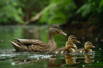 Adult Mallard Duck Leading Ducklings on a Green Pond