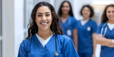 A young nursing student taking charge of a team of dedicated doctor interns in scrubs. Concept Healthcare Leadership, Medical Education, Teamwork, Scrubs Fashion, Young Professional