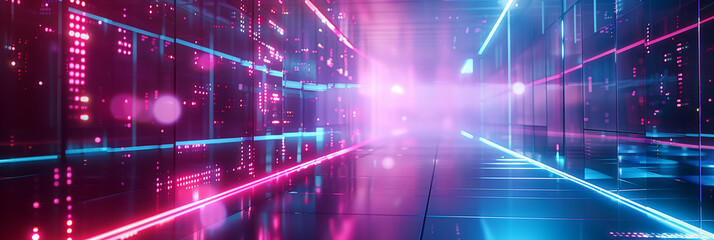 Obraz premium Abstract futuristic cyberpunk glass structure. Neon colors 3d energy waves forms. Modern sci-fi design. Futuristic banner background wallpaper cover social media post. Big city. Generative Ai content