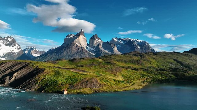 Aerial view of Torres del Paine in Patagonia, Chile.