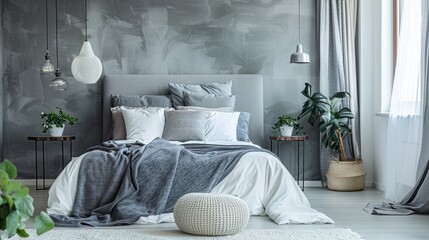 A stylish bedroom decorated in shades of silver, with minimalist furniture and decor creating a sleek and contemporary look. The image provides ample copy space for adding text or graphics.