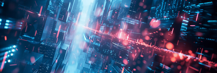 Fototapeta premium Abstract futuristic cyberpunk glass structure. Neon colors 3d energy waves forms. Modern sci-fi design. Futuristic banner background wallpaper cover social media post. Big city. Generative Ai content