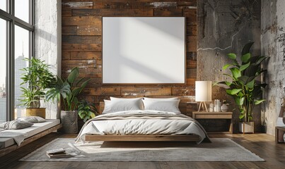 Modern bedroom with a blank canvas on the dresser