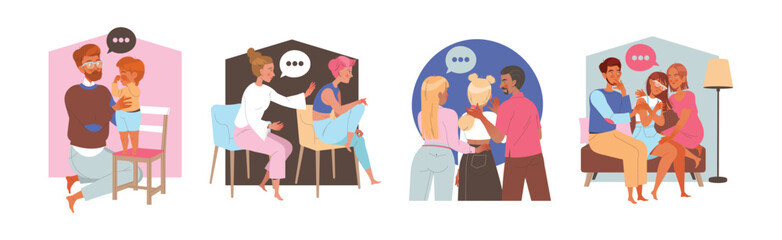 Parents Comforting Child Supporting and Talking of Problem Vector Set