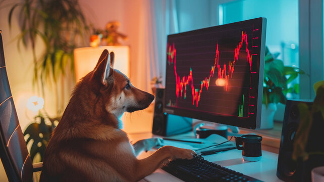 Photograph of a dog in a livingroom trading cryptocurrencies. Crypto