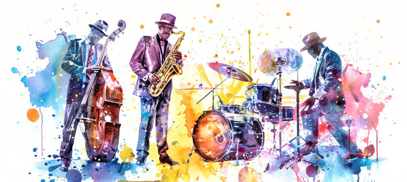 A watercolor illustration depicting a jazz trio performing, featuring a saxophone player, a double bass player, and a drummer