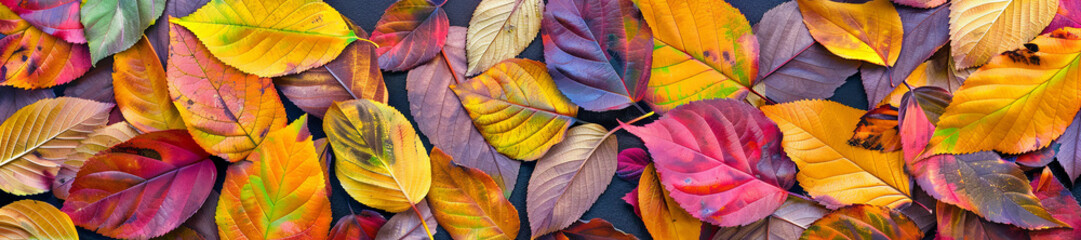 A colorful array of autumn leaves are scattered across the ground